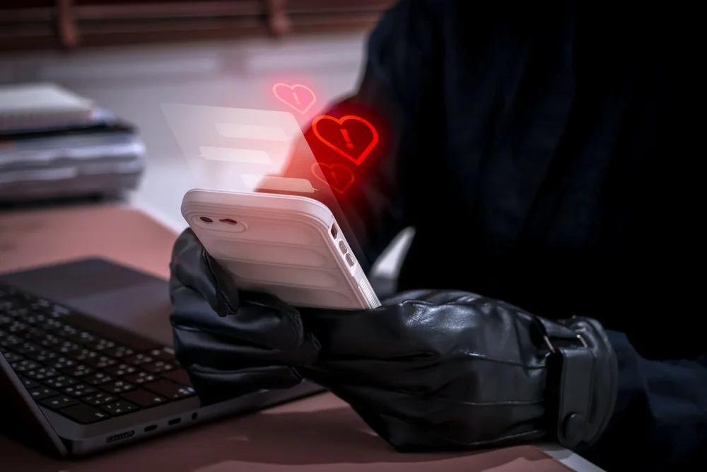 Anonimna osoba sa telefonom kao simbol prevare na dating platformi